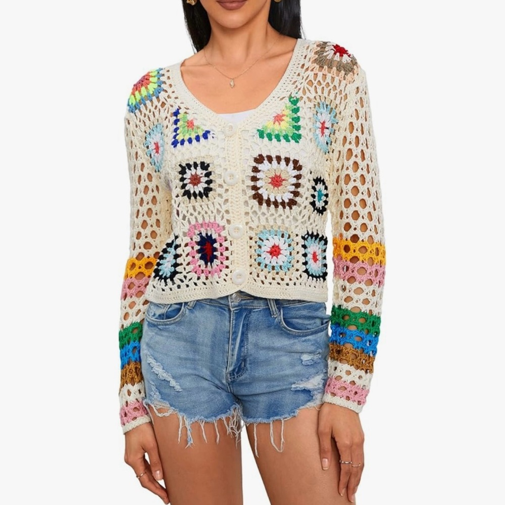 Multicolor Crochet Cardigan – V-Neck – Size Large – NWOT